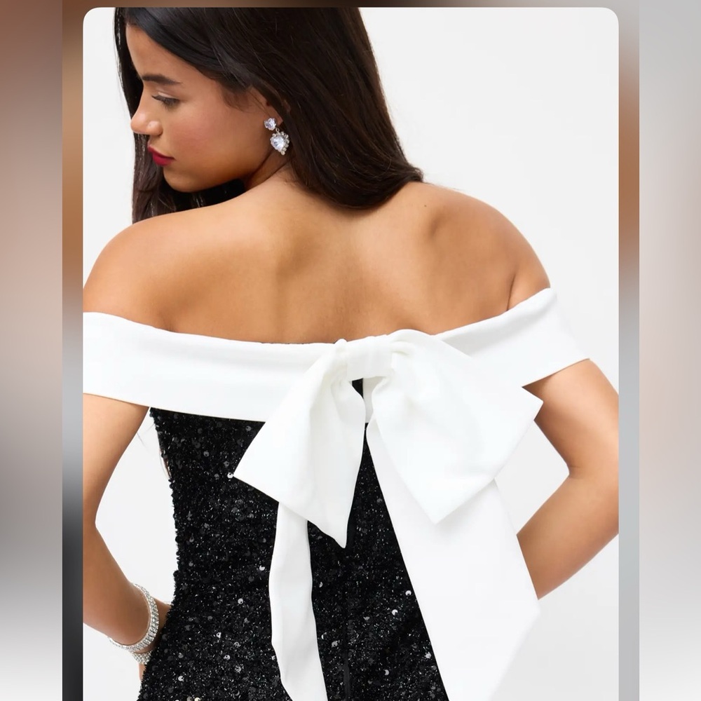 Cider SEQUIN OFF-SHOULDER SOLID BOWKNOT MINI DRES… - image 9